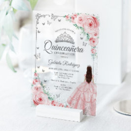Blush Pink Watercolor Roses Silver Quinceanera Acryleinladungen