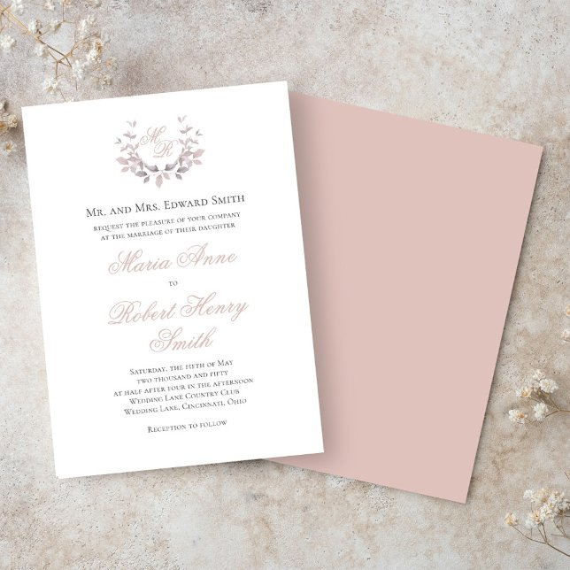 Blush Pink Wedding Calligraphy Script Monogram Einladung (Elegant calligraphy script blush pink wedding invitations. )