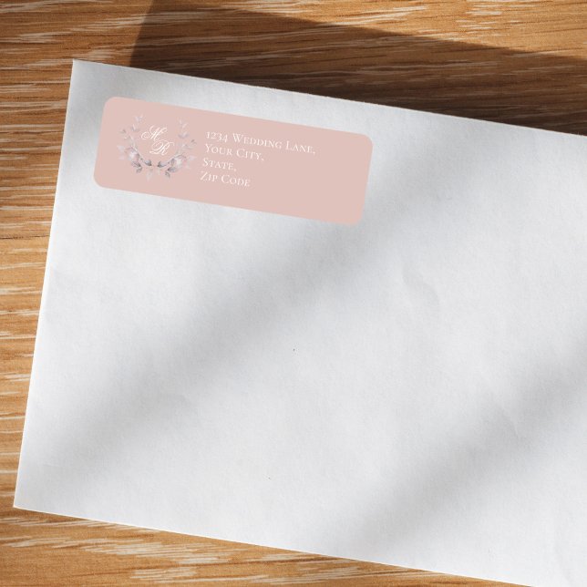 Blush Pink Wedding Monogram Floral Script (Blush pink monogram return address label on envelope, soft romantic wedding style)