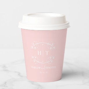 Blush Pink, weißes Monogramm, Hochzeitspapier-Bech Pappbecher