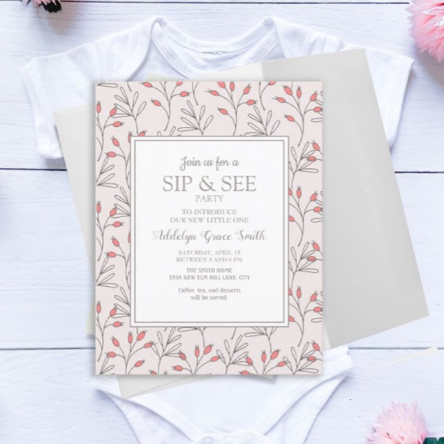 Blush Pink White Blätter Baby Shower Sip und sehen Einladung (Von Creator hochgeladen)