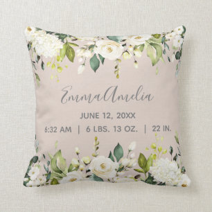 Blush Pink White Floral Baby Script Geburtsstunde Kissen