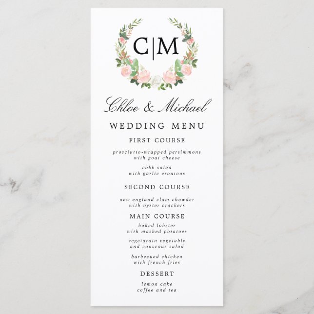 Blush Pink White Floral Monogram Name Wedding Menükarte (Vorderseite)