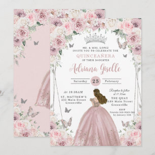 Blush Pink White Floral Princess Quinceañera XV 16 Einladung