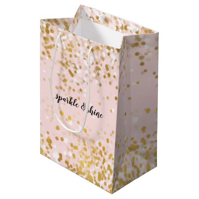 Blush Pink White Gold Confetti Sparkor Mittlere Geschenktüte (Vorderseite Schrägansicht)