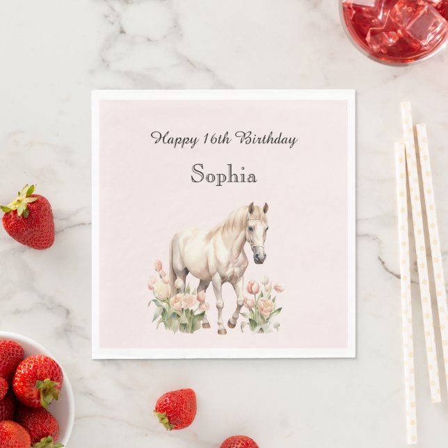 Blush Pink White Horse Tulips Geburtstag Serviette (Beispiel)