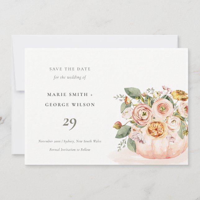Blush Pink White Pumpkin Floral Save the Date Card Dankeskarte (Vorderseite)