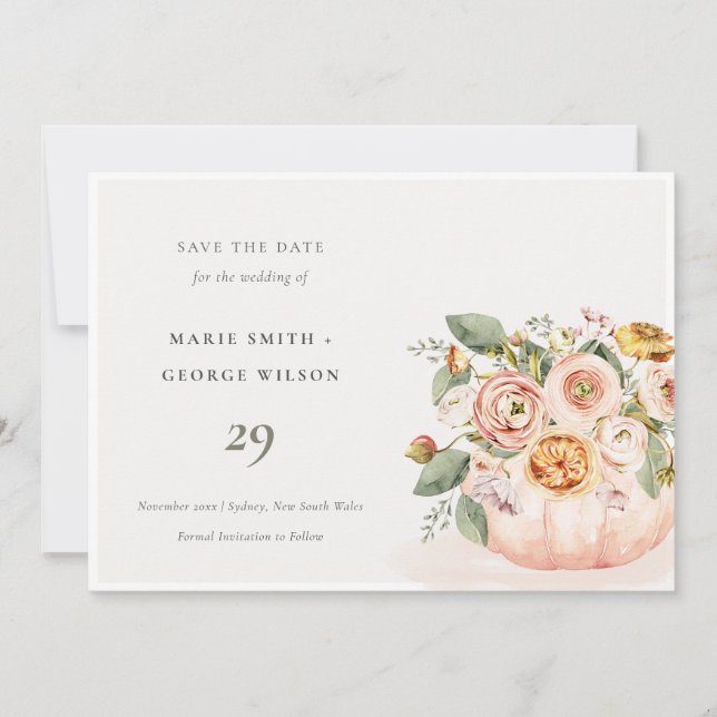 Blush Pink White Pumpkin Floral Save the Date Card Dankeskarte (Vorderseite)