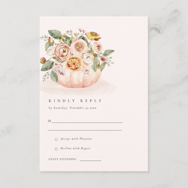Blush Pink White Pumpkin Floral Wedding RSVP Begleitkarte (Vorderseite)
