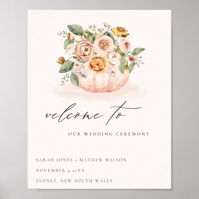 Blush Pink White Pumpkin Floral Wedding Willkommen Poster (Vorne)