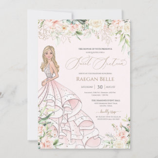 Blush Pink White Roses Luxus 16 . Geburtstag Einladung