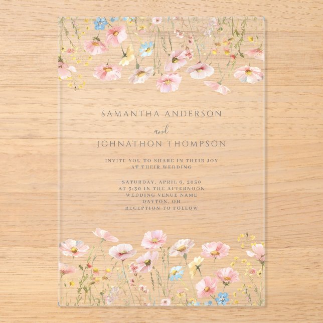 Blush Pink Wildblume Bloral Wedding Acryleinladungen (Vorderseite)