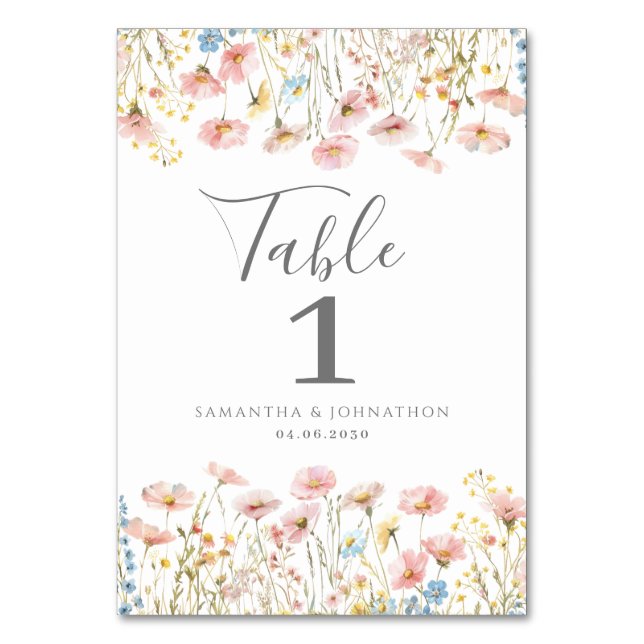 Blush Pink Wildblume Bloral Wedding Table Card Tischnummer (Vorderseite)