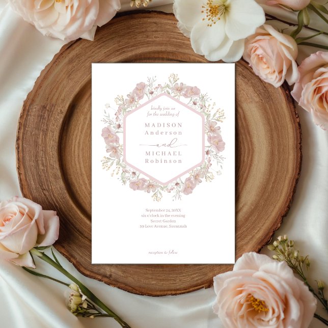Blush Pink Wildblume Eleganter QR Code Hochzeit Einladung (Von Creator hochgeladen)