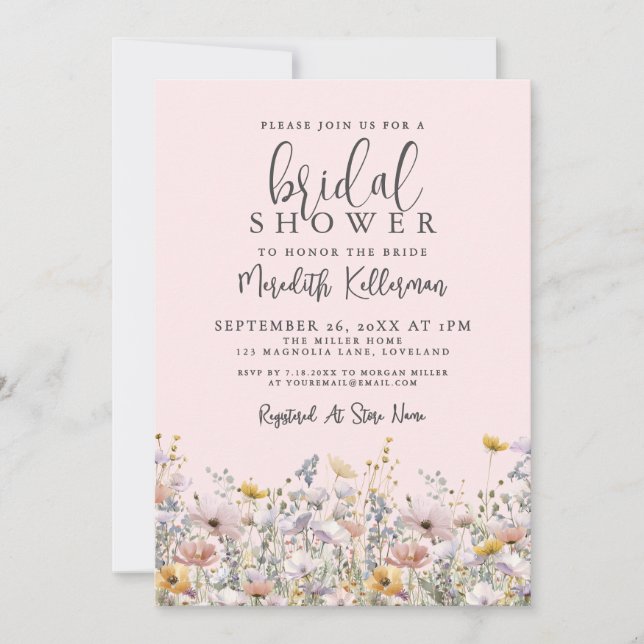 Blush Pink Wildflower Bridal Shower Einladung (Vorderseite)
