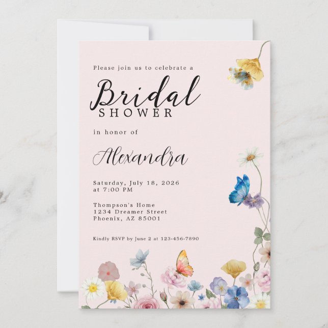 Blush Pink Wildflowers Bridal Shower Invitation Einladung (Vorderseite)