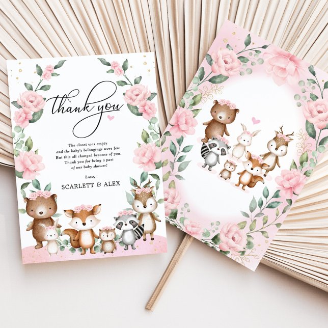 Blush Pink Woodland Floral Animals Baby Dusche Dankeskarte (Von Creator hochgeladen)