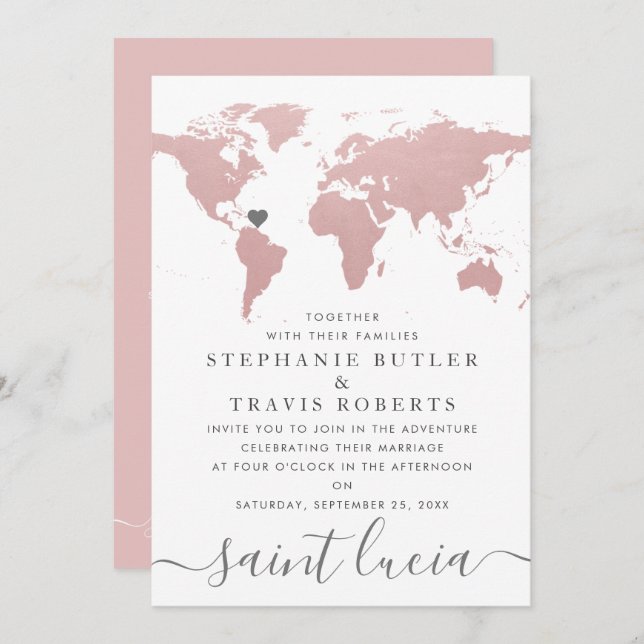 Blush Pink World Map Thema Hochzeit Einladung (Vorne/Hinten)