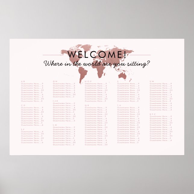 Blush Pink World Map Thema Sitzplan Poster (Vorne)