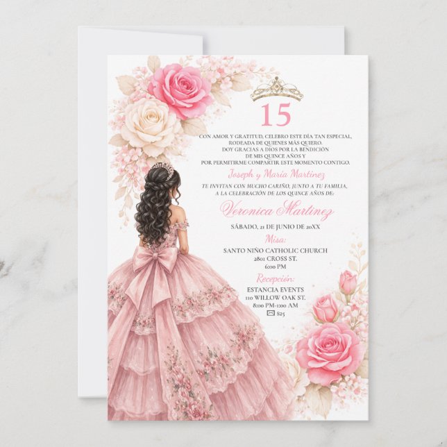 Blush Princess Dress Sweet 15 Elegant Rose Gold Einladung (Vorderseite)