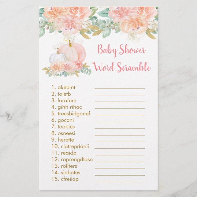 Blush Pumpkin Floral Baby Word Scramble Game (Vorderseite)