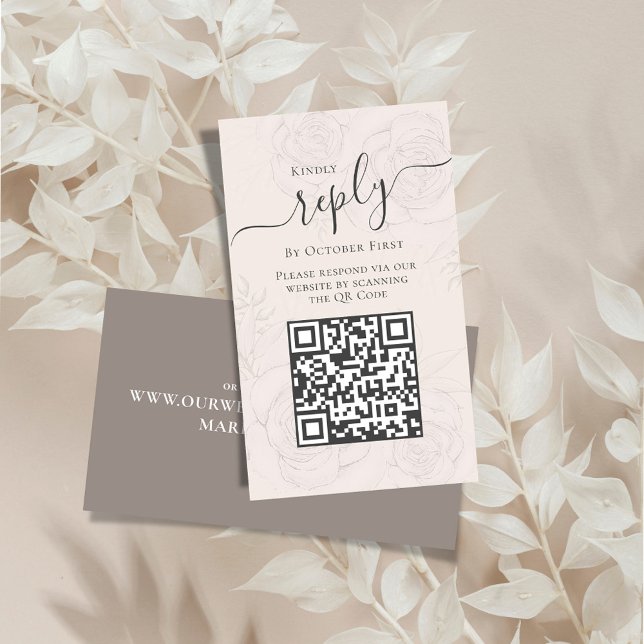 Blush QR Code RSVP Online Floral Calligraphy  Begleitkarte (Wedding reply enclosure card with an elegant floral transparent background.)
