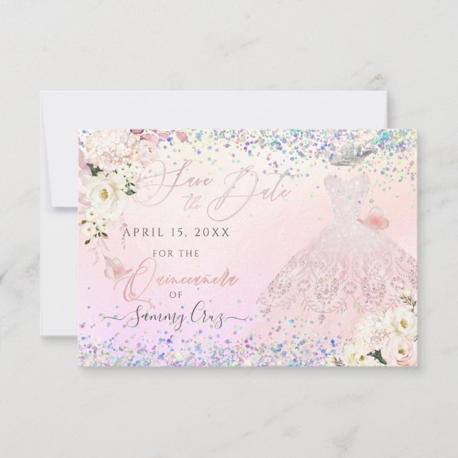 Blush Quinceanera Rett Date Holographic Confetti I Einladung (Vorderseite)
