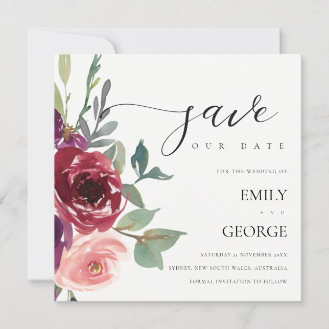 BLUSH RED MARSALA ROSE FLORAL SAVE THE DATE KARTE (Vorderseite)