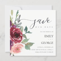 BLUSH RED MARSALA ROSE FLORAL SAVE THE DATE KARTE