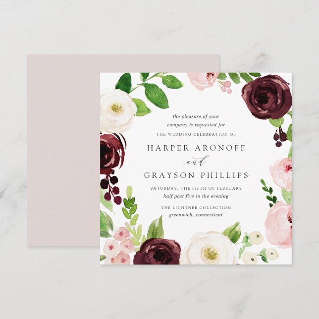 Blush Romance Square Hochzeitseinladung Einladung (Vorne/Hinten)