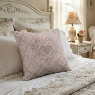 Blush-Rosa-Damast mit Herz Kissen