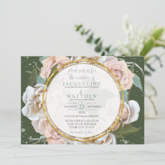 Blush Rose Bloral Gold Moss Green Foliage Elegant Einladung