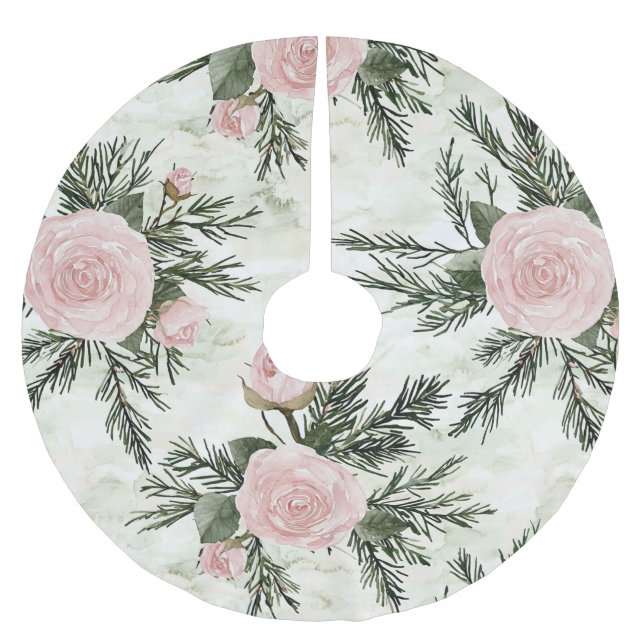 Blush Rose Bloral Weihnachten Polyester Weihnachtsbaumdecke (Vorderseite)