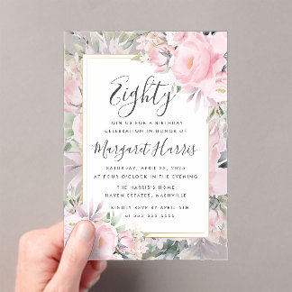 Blush Rose Blues Gold Rahmen 80. Geburtstag Acryleinladungen