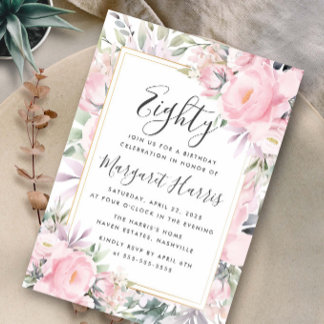 Blush Rose Blues Gold Rahmen 80. Geburtstag Einladung