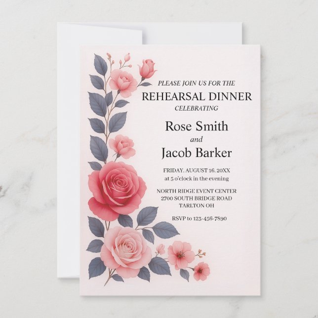 Blush Rose Blumenkohl Hochzeit Probe Dinner Einladung (Vorderseite)