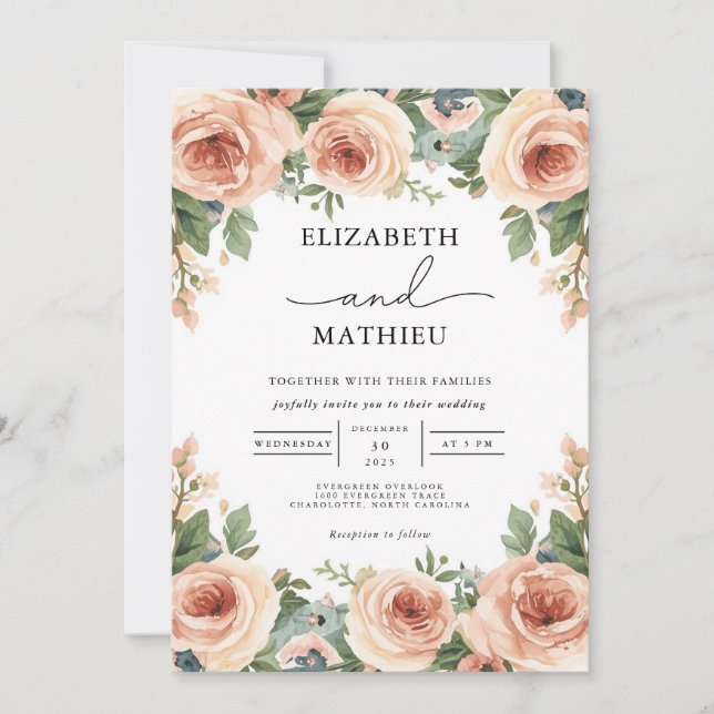 Blush Rose Botanischer Blüh Hochzeit Einladung (Vorderseite)