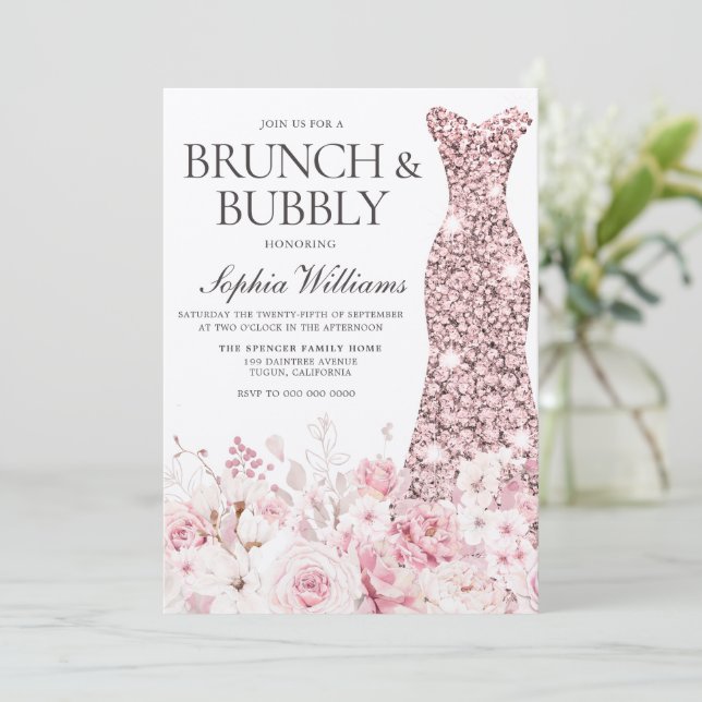Blush Rose Brautparty Brunch & Bubbly Einladung (Stehend Vorderseite)
