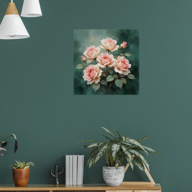 Blush Rose Elegance on Deep Jade Poster (Wohnzimmer 1)