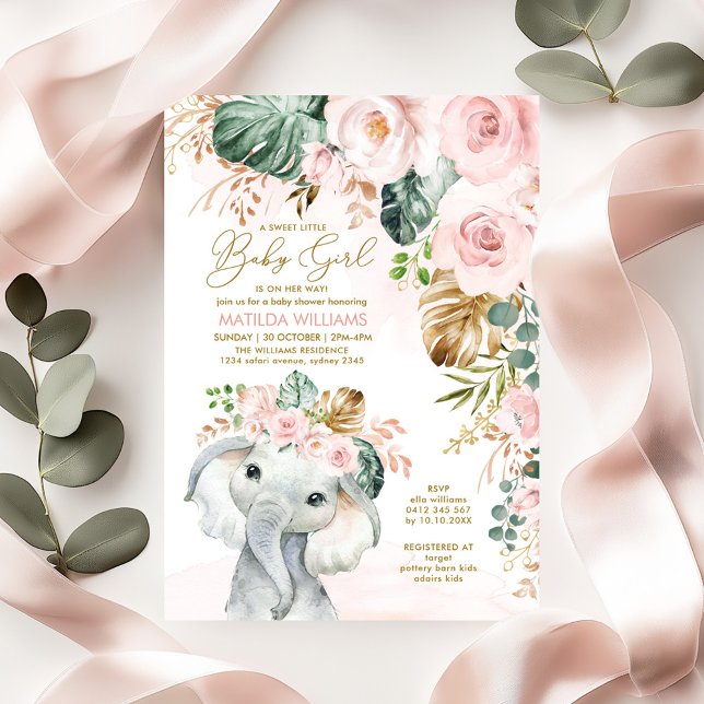 Blush Rose Elephant Sweet Baby Girl Babydusche Einladung (Von Creator hochgeladen)