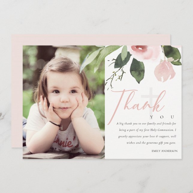 BLUSH ROSE ERSTE HOLY COMMUNION DANKE IHNEN FOTO EINLADUNG (Vorne/Hinten)