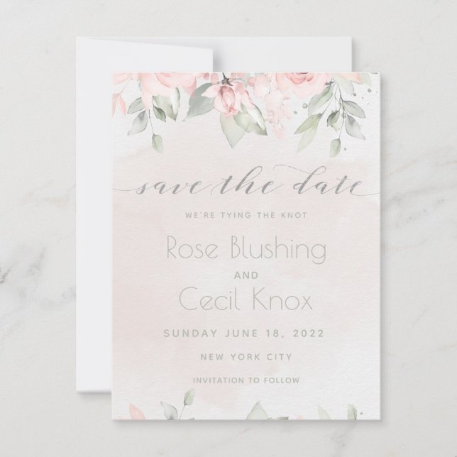 Blush Rose Eukalyptus Greenery Save the Date Karte (Vorderseite)