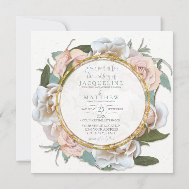 Blush Rose Floral Gold Moderne Typografie Script Einladung (Vorderseite)
