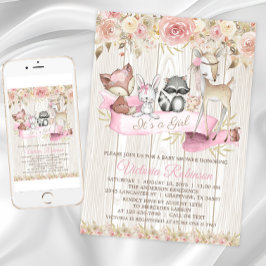 Blush Rose Girl Forest Woodland Animal Baby Dusche Einladung