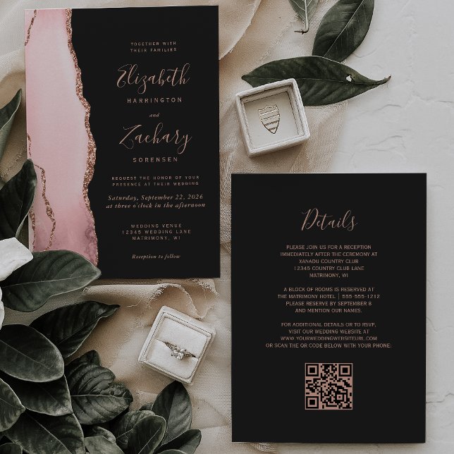 Blush Rose Gold Agate Dark QR Code Wedding Einladung (Von Creator hochgeladen)