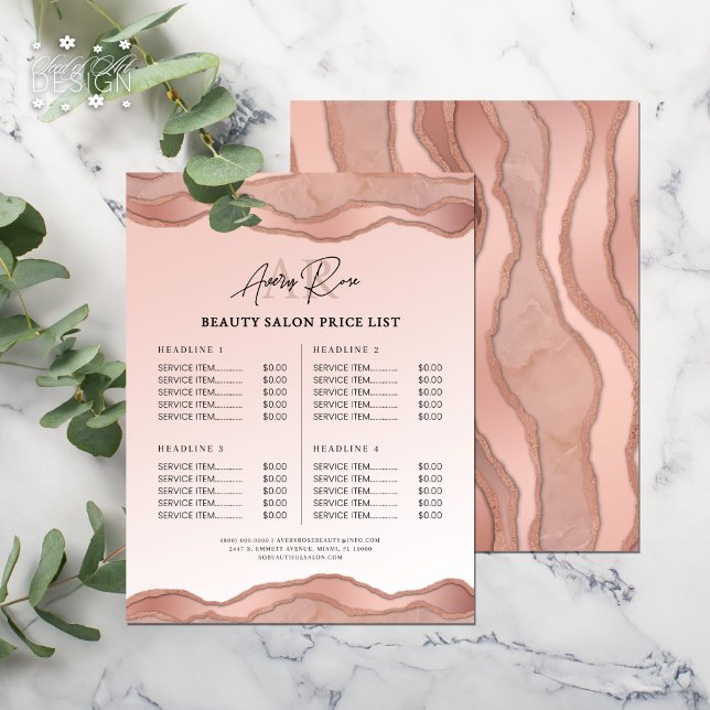 Blush Rose Gold Agate Schönheitssalon Preisliste (Von Creator hochgeladen)