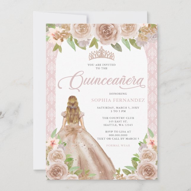 Blush Rose Gold Blumenprinzessin Tiara Quinceañera Einladung (Vorderseite)