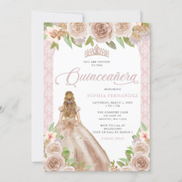 Blush Rose Gold Blumenprinzessin Tiara Quinceañera Einladung