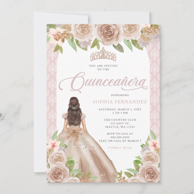 Blush Rose Gold Blumenprinzessin Tiara Quinceañera Einladung (Vorderseite)