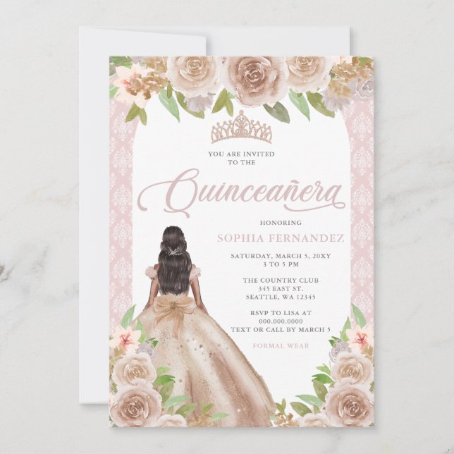 Blush Rose Gold Blumenprinzessin Tiara Quinceañera Einladung (Vorderseite)